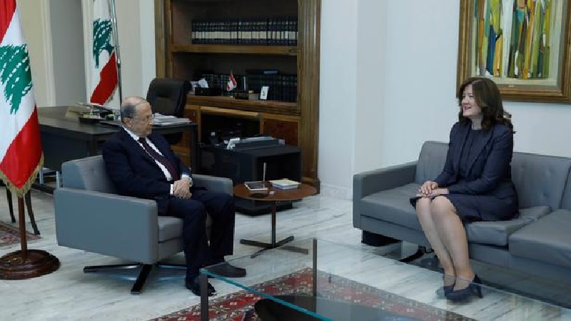 Lebanon's President Michel Aoun meets with U.S. Ambassador to Lebanon Dorothy Shea at the presidential palace in Baabda