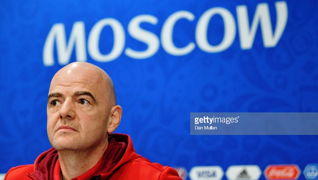 Le président de la Fifa Gianni Infantino au cours de la conférence de presse au stade Luzhniki à Moscou, ce 13 juillet 2018 Le président de la Fifa Gianni Infantino au cours de la conférence de presse au stade Luzhniki à Moscou, ce 13 juillet 2018