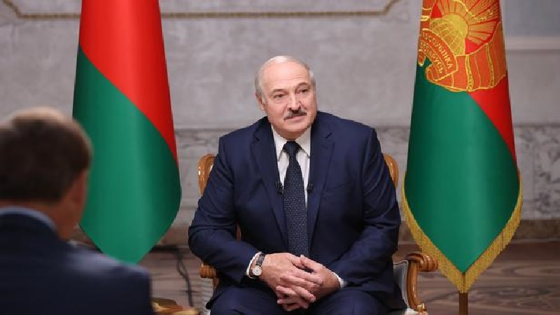 Belarusian President Alexander Lukashenko attends an interview with journalists of Russian media in Minsk