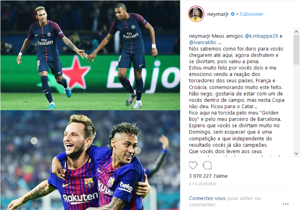 Coupe du monde le très beau message d'encouragement de Neymar à Mbappé et Rakitic