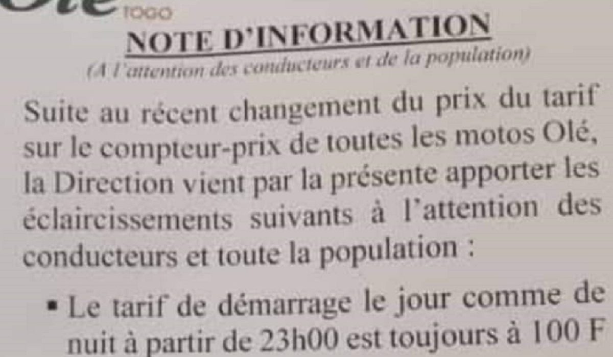 Togo La société de transport Olé vient encore de changer ses prix (photo)