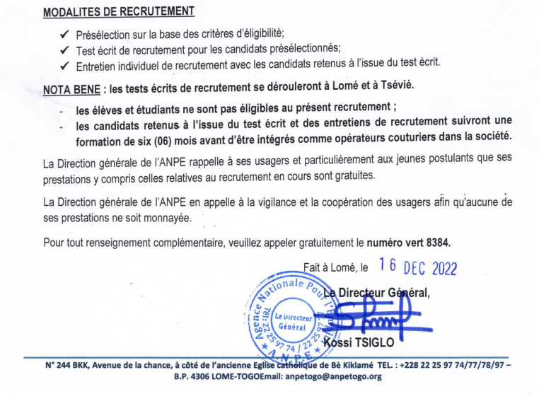 Togo : L'ANPE recrute 1000 jeunes pour la PIA ; voici les conditions pour postuler