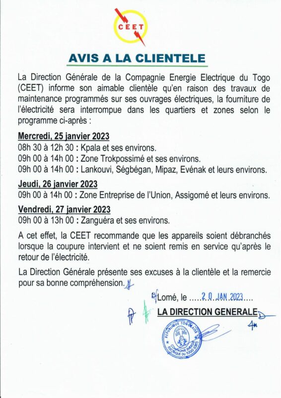 Togo Coupures d'électricité CEET