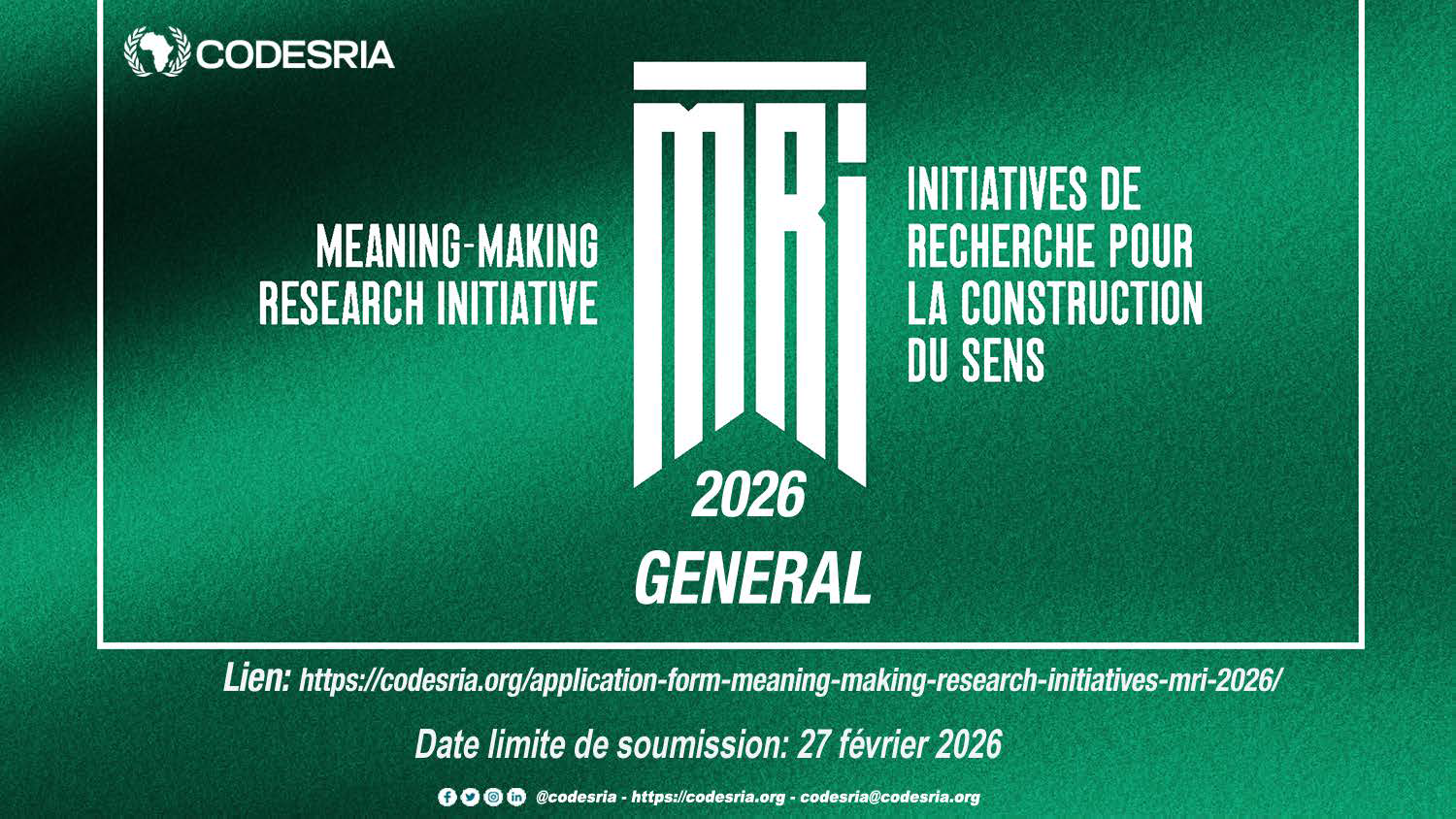 Appel à candidatures de CODESRIA dans le domaine de la Recherche (MRI) 2026
